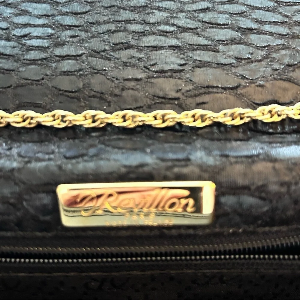 Revillon Vintage Black Alligator Print Handbag with Gold Chain